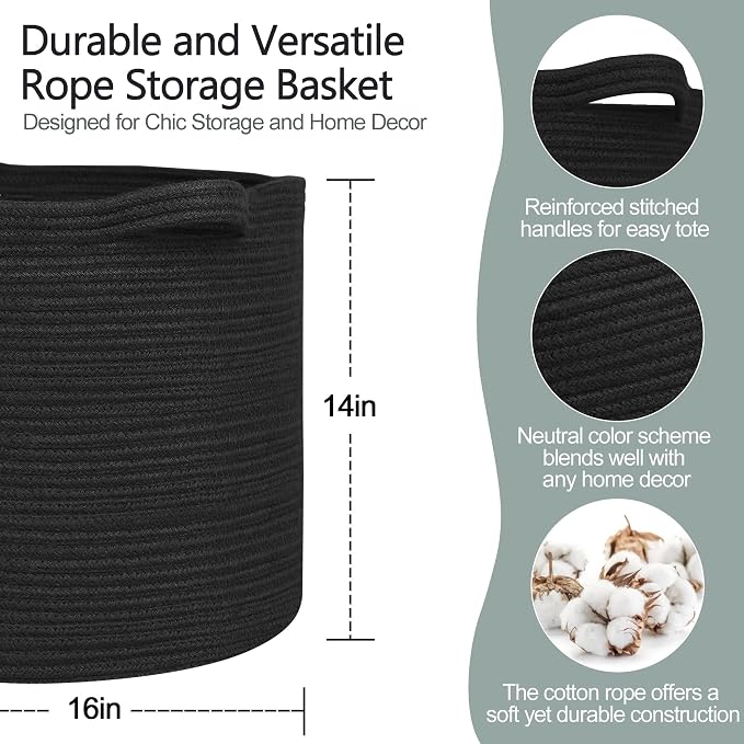 MEGASKET Large Black Storage Basket, 16" x 14" Cotton Rope Baskets for Storage, Blanket Storage Living Room, Big Woven Laundry Basket, Dog Kids Toy Box Organizer, Round Floor Shoe Towel Bin