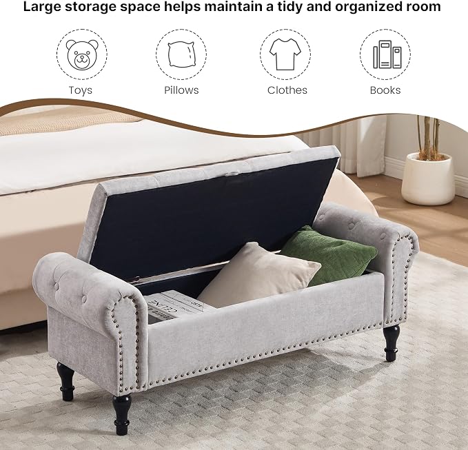 51" Storage Bench for Bedroom, Chenille End of Bed Bench, Queen Size Bench with Rolled Arms, Tufted Storage Ottoman Benches, Upholstered Bench for Bedroom, Living Room, Entryway, Light Grey