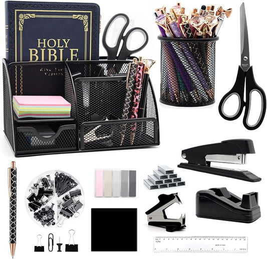 12Pcs Black Desk Organizers and Accessories Set for Office School Home | Black Office Supplies for Coworkers Students, Include Stapler, Pen Holder, Tape Holder, Scissors, Ruler, Staple Remover