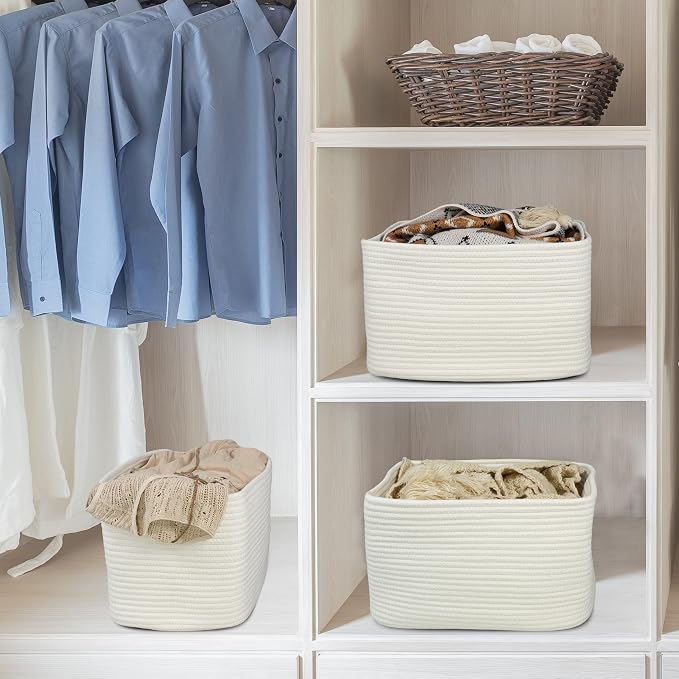XUANGUO Woven Cotton Rope Storage Baskets 15x10x9.3" 3 Pack White | Decorative rectangular storage baskets for shelves and closets; storage bins organize clothes, toys, books and nursery items.
