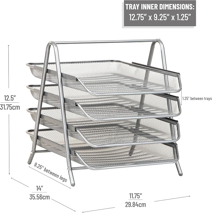 Mind Reader 4-Tier Paper Tray, Desktop Organizer, File Storage, Office, Metal Mesh, 12"L x 13.75"W x 12.5"H, Silver