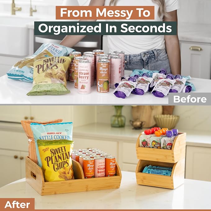 Potato and Onion Storage Bin for Pantry and Kitchen Counter - Ventilated Stackable Bamboo Organizer Baskets with Handles
