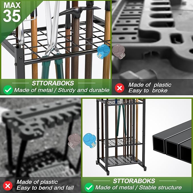 Tool Organizer for Garden, Garage Tool Organizer & Garage Organization – Heavy Duty Steel Garden Tool Organizer Stand Holds 35 Tools/Rakes/Brooms, Tool Storage Rack for Shed/Outdoor, Garage Organizer
