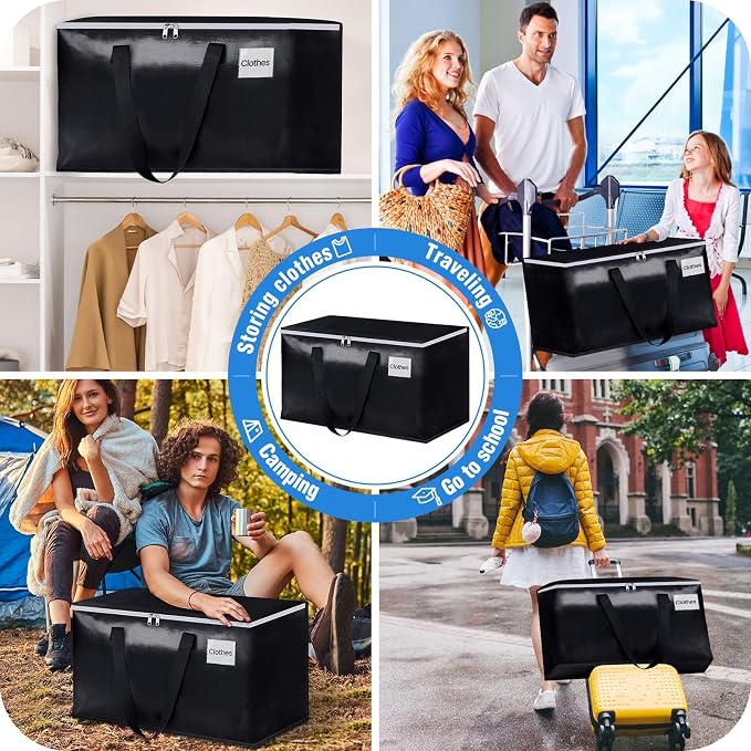 Heavy Duty Moving Bags, Extra Large Storage Bags, 125L, 2-Pack, Black | Foldable, with Zippers, Tag Pocket & Handles, Reusable, Space-saving, Water-Resistant, for moving & storage, Versatile Use