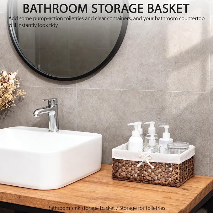 Water Hyacinth Storage Basket Small with Metal Frame & Removable Liner, 11.8”×7.9”×5.5” Rectangular Woven Organizer Bin for Bathroom Vanity, Desk, Nursery, Closet, Home Organization