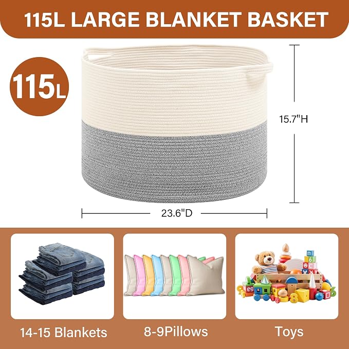 Foldable Laundry Hamper Basket with Collapsible Handle Cotton Rope Soft Woven Fabric Storage Organizer Clothes Toys Nursery Bedroom Dorm Space Saving Bin (White & Light Grey, 115L(23.6"D x 15.7"H))