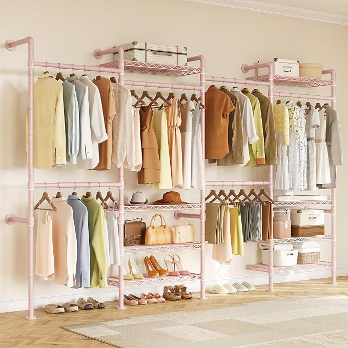 ONBRILL H4 Wall Mounted Closet System, Expandable Industrial Pipe Clothes Rack Clothing Rack for Hanging Clothes, Heavy Duty Closet Organizers and Storage in Wardrobe Closet