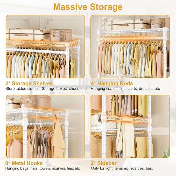 ULIFHOME Rolling Clothes Rack, Clothing Racks for Hanging Clothes, White | P4 Plus Heavy Duty Garment Rack with Wheels, Free Standing Portable Closet Racks 45''W × 20.5''D × 80.5''H, Max Load 570 Lbs