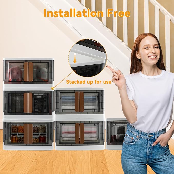 Storage Box, Plastic Cabinet, 8.4 Gallon (32L) Capacity (Each One), 4 Packs, Stackable Collapsible Drawer, with Door and Buckle, Organizer for Home and Office, Transparent