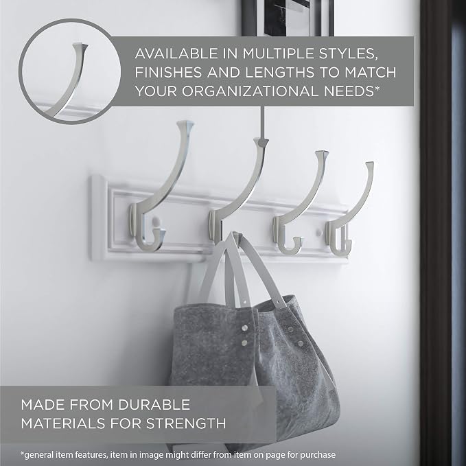 Liberty 129849 18-Inch Coat and Hat Hook Rail/Rack with 4 Heavy Duty Hooks, White and Satin Nickel