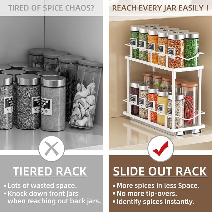 Bunoxea Pull Out Spice Rack 2 Pack,Slide Out Cabinet Spice Rack,White | 2-Tier Rack, Full Extension Ball Bearing Glides, 10.7"Dx4.8"Wx8.85"H, Kitchen Pantry,Narrow Cabinet Spice Storage Organizer