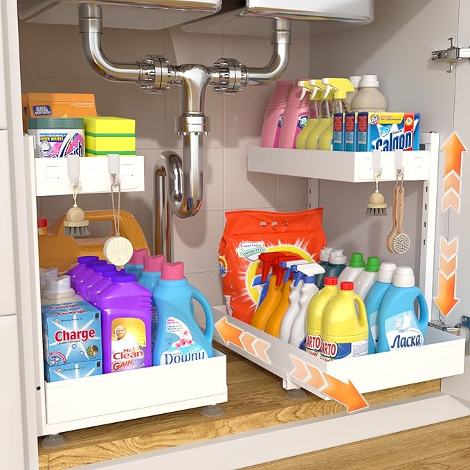 TATAANTY Under Sink Organizer 2 Pack, 2 Tier Metal Under the Sink Storage, Heavy Duty Slide out Pull out Cabinet Organizer, Height Adjustable for Kitchen Bathroom Pantry Closet Organization Rack