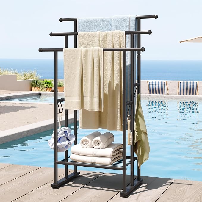 ELYKEN 3 Tier Freestanding Towel Rack with Shelf, 40" H Towel Stand, Black | Metal Drying Rack for Oversized Bath Towels & Blankets, 4 Hooks, Indoor & Outdoor Use, Fits Bathroom, Tub, Shower, Poolside