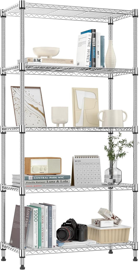 M MZG 1250 lbs 5 Tier Shelf Metal Storage Shelves Shelving Wire Rack Heavy Duty Closet Organizers for Garage Kitchen Bathroom Laundry Chrome 13.8" D x 29.5" W x 59.5" H