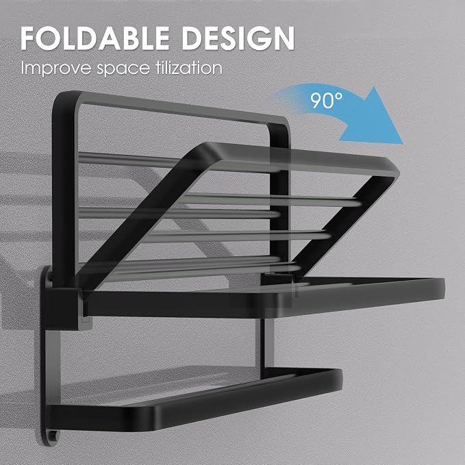BOZWELL Bathroom Lavatory Towel Rack with Two Towel Bars,16-Inch（40cm） Towel Holder with Shelf BZ305-A (Matte Black)