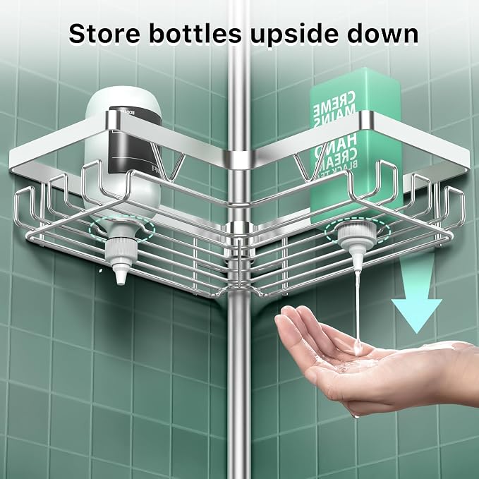DAOYA Corner Shower Caddy Tension Pole 4 Tier Shower Caddy Organizer Silver | WIth 28 Hook/2 Soap Dish/ 2 Razor Holder, Rustproof, For Bathtub/Bathroom, Floor to Ceiling 25-114 Inch, Simple Install