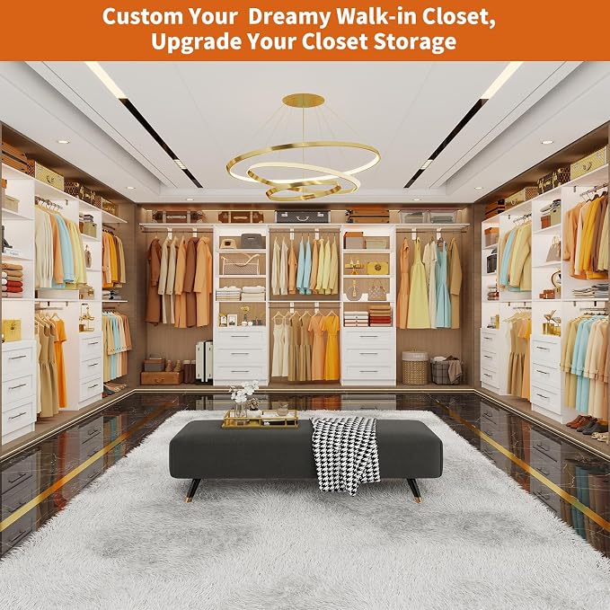 Closet System with 6 Drawers, 6-12.3FT Closet Organizer System Wood with 8 Shelves & 6 Expandable Hanging Rods, Closet Systems Kit for Walk in Closets, Modular Closet Organizer Systems, 2 Sets,White