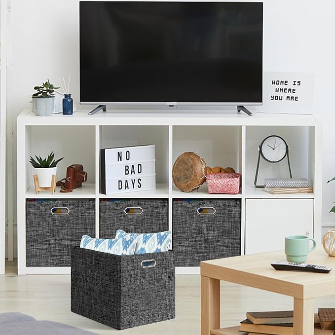 Posprica 13x15x13in Collapsible Storage Bins, Fabric Foldable Cube Storage Boxes, Decorative Storage Baskets Organizer for IKEA Kallax, Shelves, Closet, Clothes, Set of 4-Black