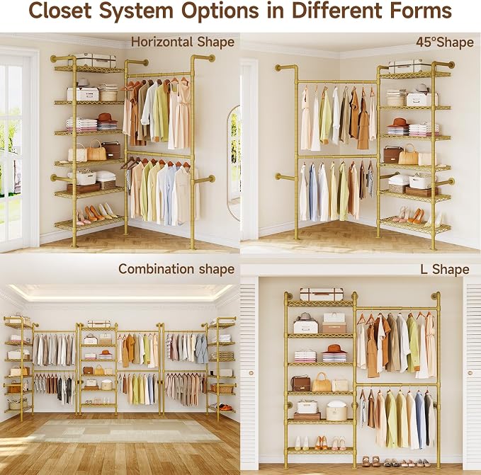 H2 Wall Mounted Clothing Rack, Expandable Industrial Pipe Clothes Rack Garment Racks for Hanging Clothes, Heavy Duty Closet Organizers and Storage in Closet System, Gold