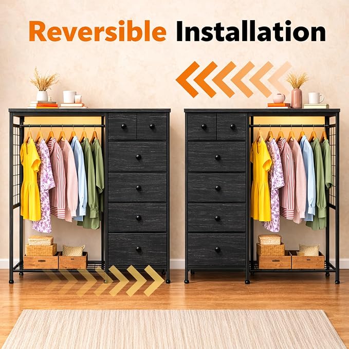 Simple Deluxe Storage Clothes Rack with 6 Drawers, Charging Station & LED Lights, Fabric Chest Shelves Clothing Rack, Wooden Portable Wardrobe Closet, 49.2" W x 15.7" D x 47.2" H, Black