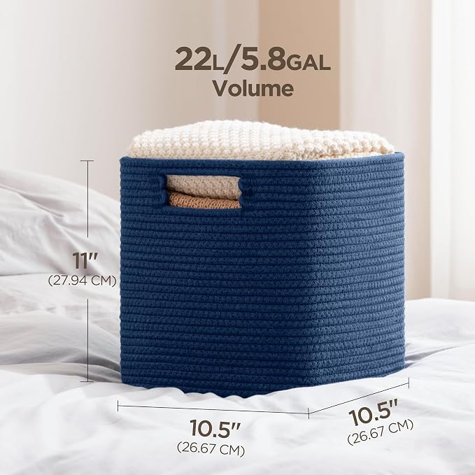 UBBCARE Set of 4 Storage Basket-11 X 10.5 X 10.5 In, Cotton Rope Basket for Shelves, Toys, Book, Cube Storage Bins with Handles, Woven Storage Basket for Organizing, Navy Blue