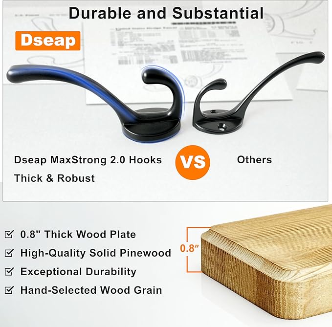 Coat Rack Wall: 24" Long, Patented, Heavy-Duty, 6-Double-Hooks Wooden Wall Mounted Coat Rack Coat Hanger Hook Rail for Winter Coats Hat Jacket Clothing, Light Brown