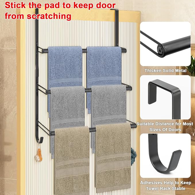 Livabber 3-Tier Over The Door Towel Rack, All Metal Towel Rack with Hooks for Door Hanging, Behind Door Towel Bar Towel Storage Holder for Bathroom Accessories, Black (19.37" L x 5.9" W x 24.4" H)
