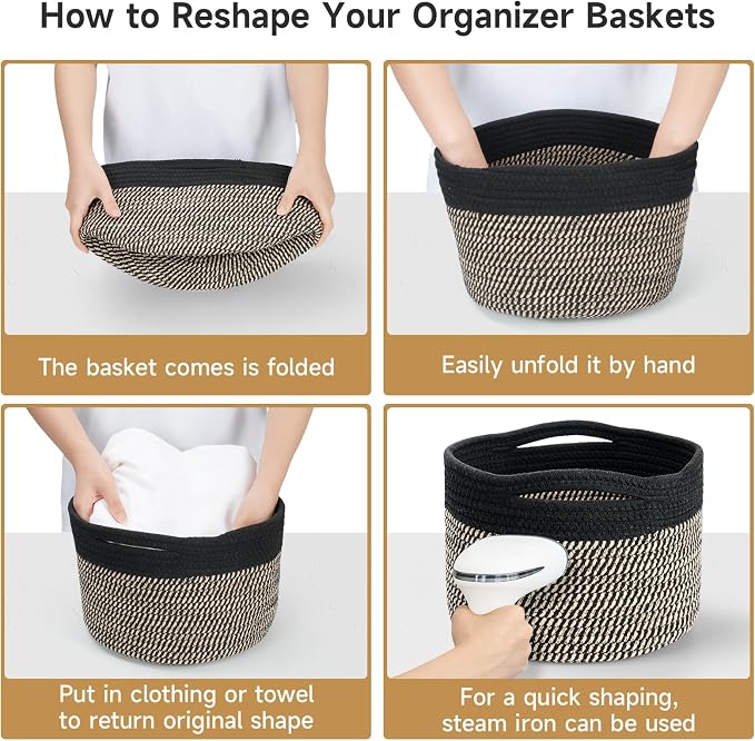 3 Pack Small Rope Storage Baskets, 9.82×9.82×7.1", Brown+Black | Cotton Basket for Gifts Empty, Cute Round Woven Basket, Decorative Shelf Basket Organizer, Organizing Basket for Shelves