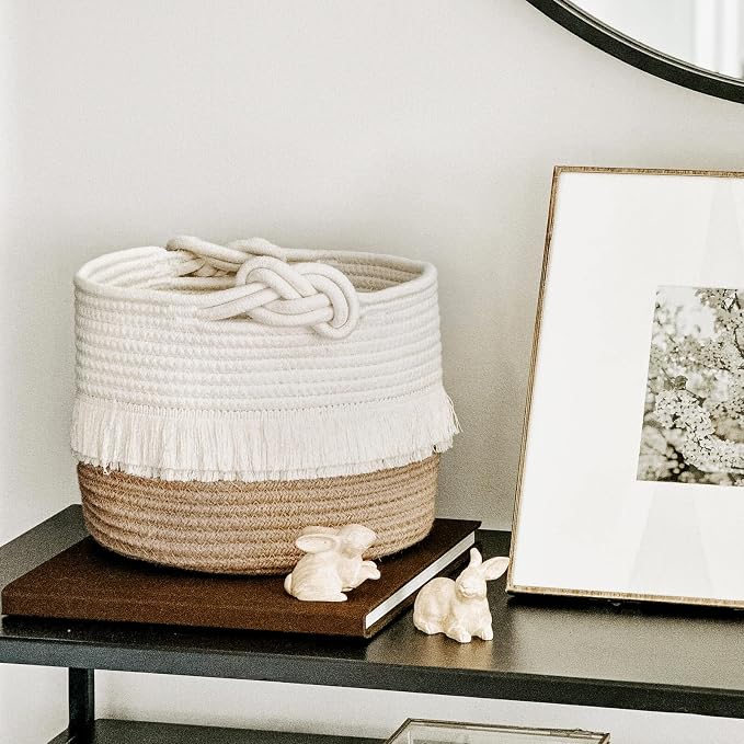 CherryNow Small Woven Rope Baby Basket with Tassel, 9.5" x 7", Jute | Cute Storage Basket for Baby Shower, Toys & Daily Essentials, Fits Nursery Living Room Decor, with Knotted Handles