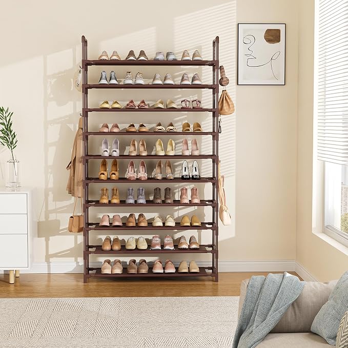 LANTEFUL Tall Shoe Rack 10 Tier Shoe Organizer Large Shoe Shelf with 18 Hooks Storage for 50 Pair Sneaker and Boot, Stackable Vertical Shoe Rack Organizer for Closet, Entryway, Bedroom, Brown