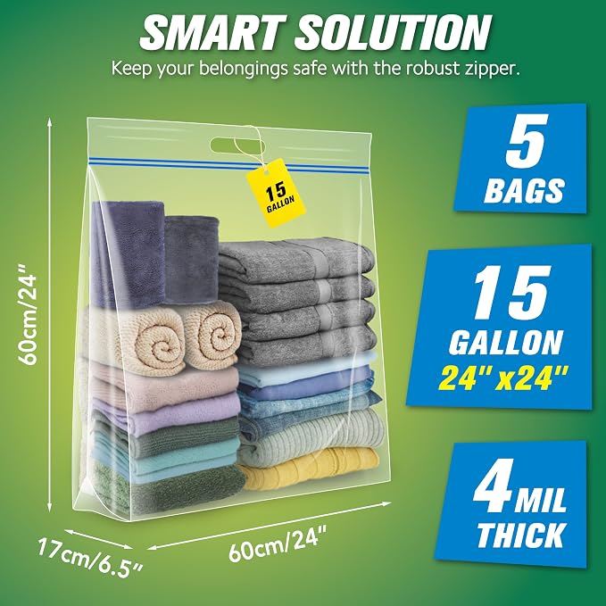 HIBAG 15 Gallon Large Storage Bags, 24” x 24” Resealable Clear Bags with Handle, Extra Large XL Heavy Duty for Clothes Pillow Travel Moving, Pack of 5