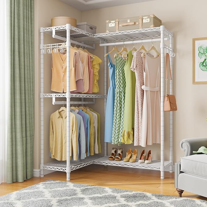 VIPEK L4 Corner Clothes Rack Heavy Duty Closet for Hanging Clothes | L Shaped Portable Closet, Multiple Hanging Rods, Adjustable Wire Shelving/Side Hooks, Load 810lbs Space-Saving for Bedroom
