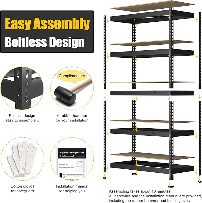 PrimeZone 48"W x 24"D x 72"H Garage Storage Shelves, 5-Tier Metal Shelving | 3000 LBS Capacity, Heavy-Duty Metal Frame, FSC MDF Boards, Boltless Assembly, Adjustable Shelves for Warehouse, Basement 5PCS