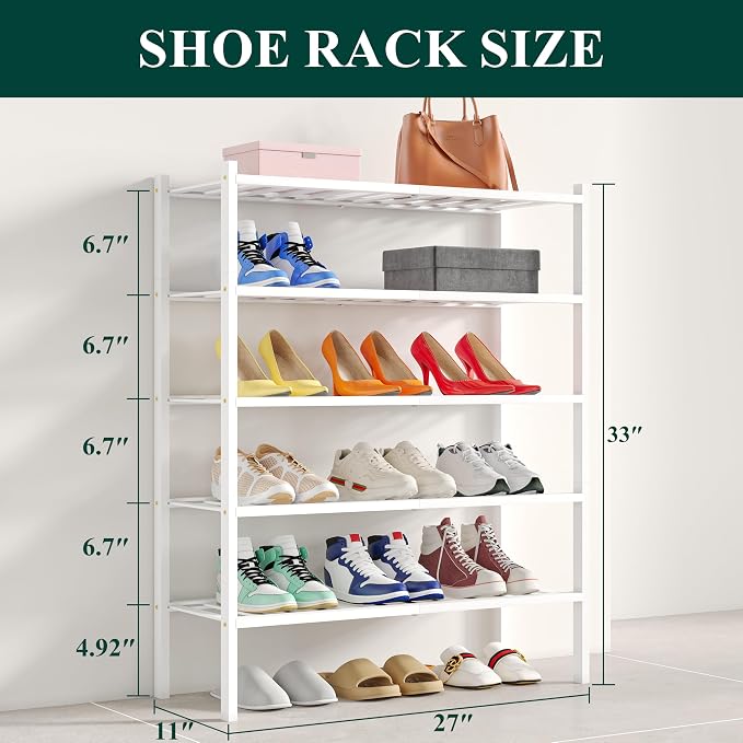 Smiry Bamboo Shoe Rack, 12 Vertical Slats, 5 Tier - 26.8" Wide, White | Stackable Free Standing Wooden Shoe Organizer, Wood Shoe Storage Shelf for Closet, Entryway