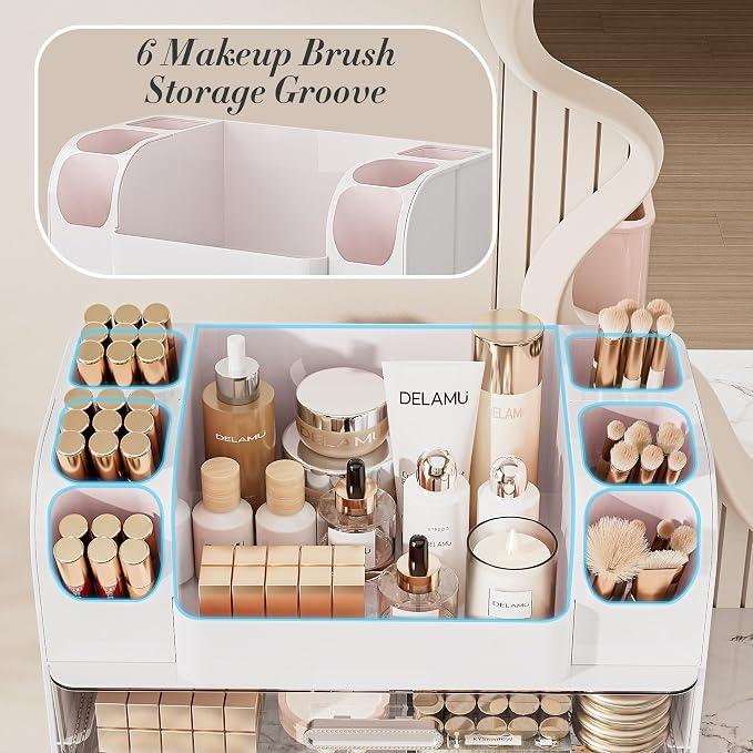 Delamu Large Makeup Organizer Countertop with 6 Brush Holders, Makeup Organizers for Vanity with 2 Large Drawers, Easy to Store Skincare, Lipsticks, Nail Polishes, Perfumes, Eyeshadow Palettes, White