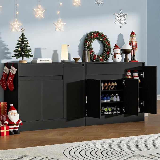 Housoul 39.4" W Shoe Storage Cabinet with 3 Doors & Drawer, Black | Freestanding Modern Shoe Cabinet with Drawer & Adjustable Shelves, Wooden Shoe Organizer Cabinet for Entryway, Hallway