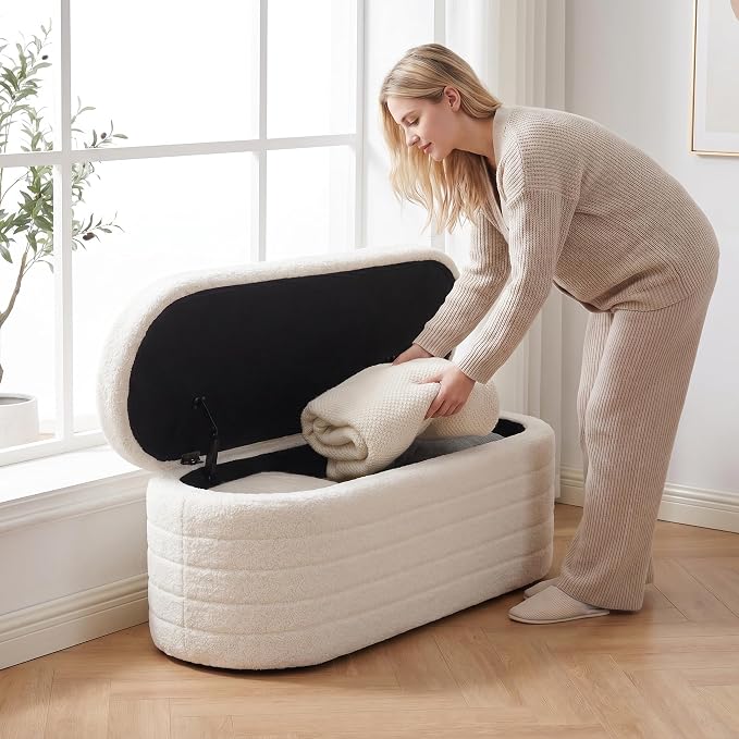 Teddy Sherpa Storage Ottoman Bench, Modern Upholstered Window Bench with Safety Hinge Lid, Oval White Ottoman for Living Room, Bedroom End of Bed