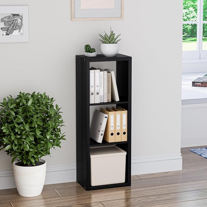 VDNEND Cube Storage Organizer Bookcase, 3 Tier Decorative 11 inch Open Back Cubical Shelf with Thickened Border, Display Bookshelf for Living Room, Home Office, Sturdy Room (Black, 3 Cube)