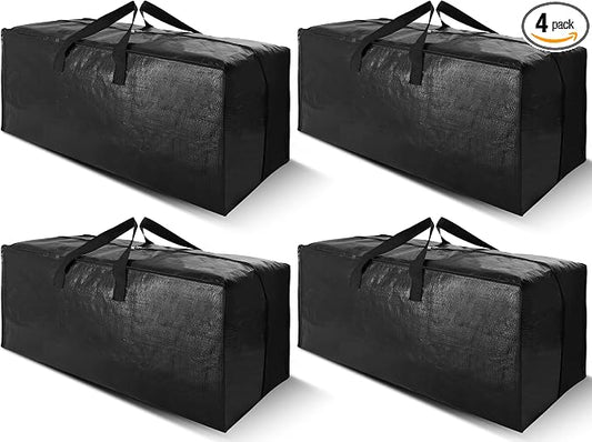 Cosy Family 4 Pack Heavy Duty Extra Large Moving Bags with Backpack Straps - Strong Handles & Zippers, Storage Totes For Space Saving, Fold Flat, Alternative to Moving Box (Set of 4, Black)