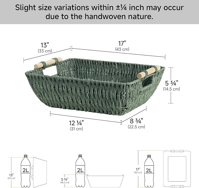 StorageWorks Extra Large Wicker Storage Basket for Organizing with Wooden Handles, Toilet Paper Baskets, Bosana Green, 2-Pack