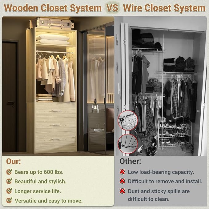 Besiost Closet System Set of 4, 8FT Closet Systems with 12 Wood Drawers, 96" Closet Organizer System with 4 Hanging Rods & 4 Shelves,Heavy Duty 96 Inch Walk-in Closet,White Oak (96"L x 15" W x 80" H)