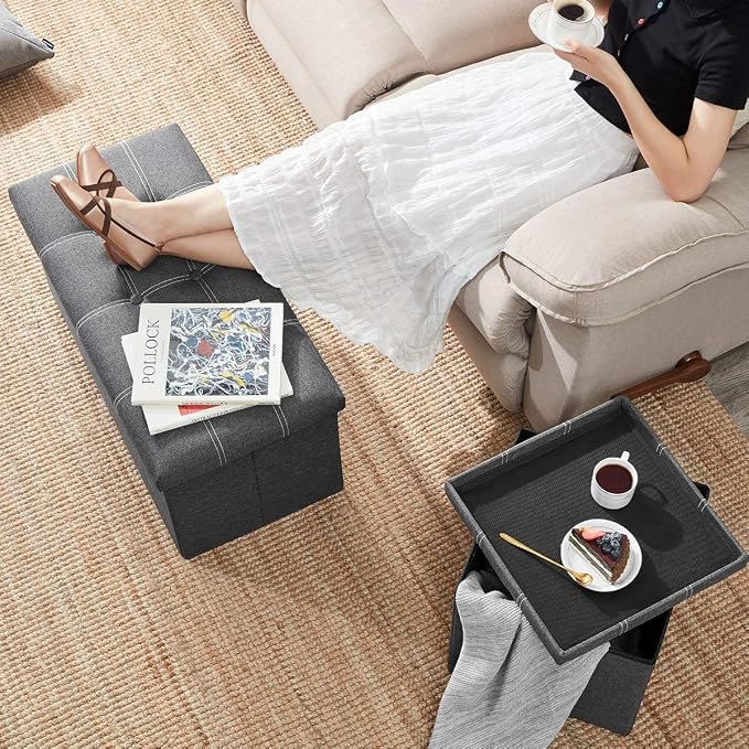 YOUDENOVA 30" Linen Ottoman with Storage, Folding Bench, Gray | Foldable linen ottoman with hidden storage, padded seat and sturdy frame for living room or bedroom.