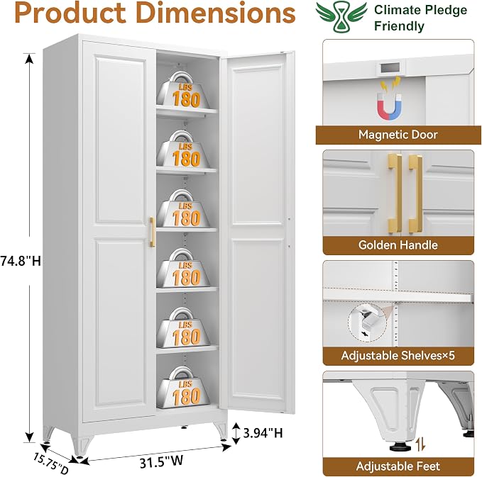 Polup 75" Pantry Cabinet, Tall Metal Storage Cabinet with Doors and Shelves | White Kitchen Cabinet, 5 Adjustable Shelving, Heavy-Duty Steel, Gold Handles, 4 Standing Feet, for Garage Office & Laundry