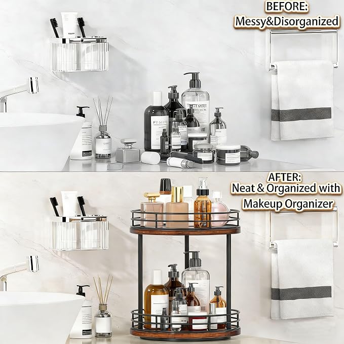 2-Tier Rotating Bathroom Countertop Organizer, Wooden Makeup Vanity Storage, Multifunctional Lazy Susan Turntable for Skincare, Perfume and Cosmetics (Brown)
