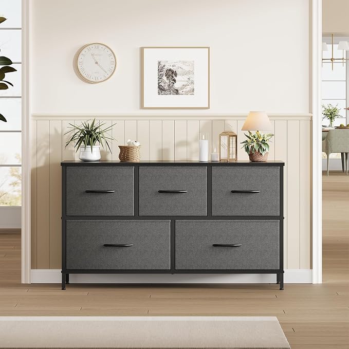 OLIXIS Dresser for Bedroom with 5 Drawers, Wide Chest of Drawers, Grey | Chest of Drawers for Clothes Storage with Bins, Wide Fabric Bedroom Dresser, Wooden Top, Living Room