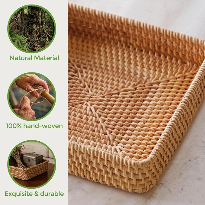 Large Rattan Serving Tray, Rectangle Wicker Storage Basket for Organizing | XL(17.7" × 13.4"), Natural Rattan, Decorative Woven Tray Wicker Basket for Storage, Home Decor, Bathroom