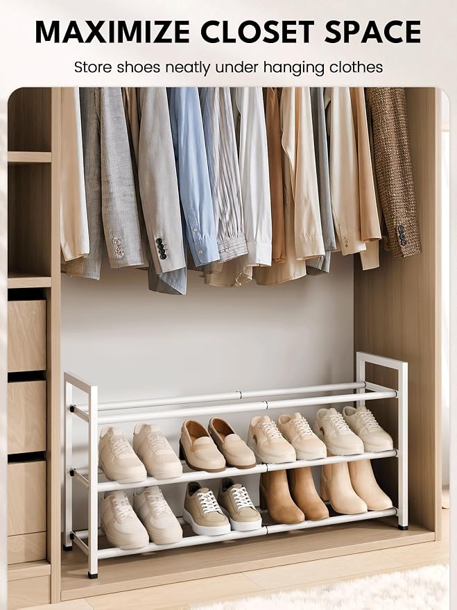 Bumusty 3 Tier Expandable Shoe Rack for Closet, White | 18"-33" Adjustable Shoe Rack for Entryway, Small Shoe Organizer for Dorm, Front Door, Sturdy Metal