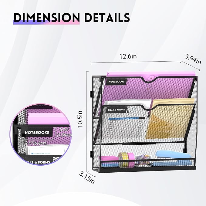 3-Tier Wall File Organizer with Base, Wall Mounted File Holder | Vertical Hanging File Organizer with Open Compartments and Label Holders for Mail, Folders and Paperwork at Home or Work