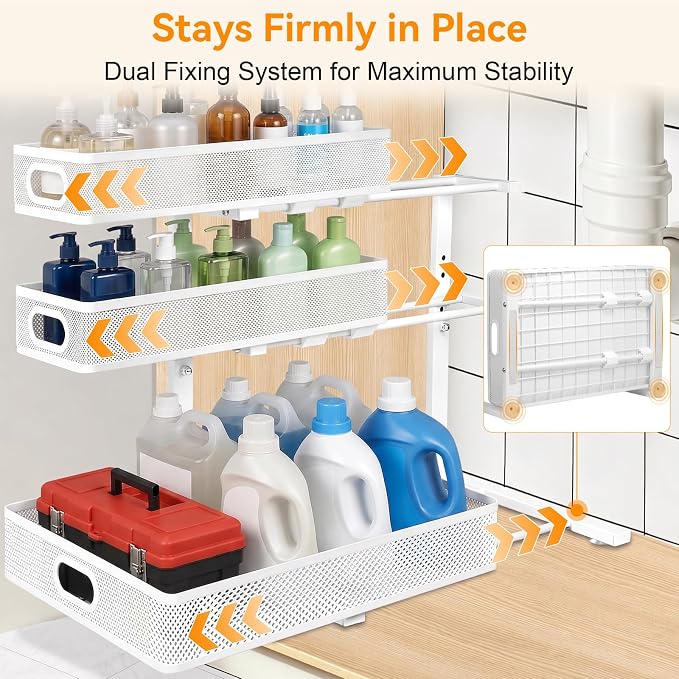 3 Tier Adjustable Under Sink Organizer for Bathroom & Kitchen(1Pack, White) | 35% More Storage, 5 Adjustable Heights, Sliding Pull Out,No Sliding, Heavy-Duty Steel Frame, Multi-Purpose Cabinet Organizer