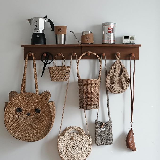 Entrance Coat Rack ，Coat Hooks, Wall-Mounted Wooden Hook Rack, Wall-Mounted Shelves are Very Suitable (Teak Colored Finish—A-1)